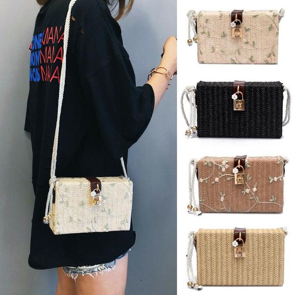 

2019 нового горячего пляж прямоугольник box bag rattan солома тканой цветочный gold lock закрылки crossbody сумка bohemia плечо сумка