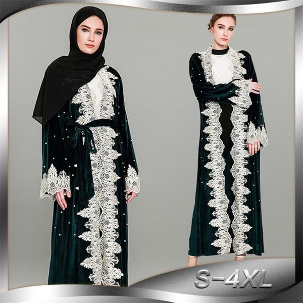 

dubai dress abaya jalabiya islamic women clothing robe abaya muslim dubai women open front kaftan cardigan gold velvet lace robe, Red