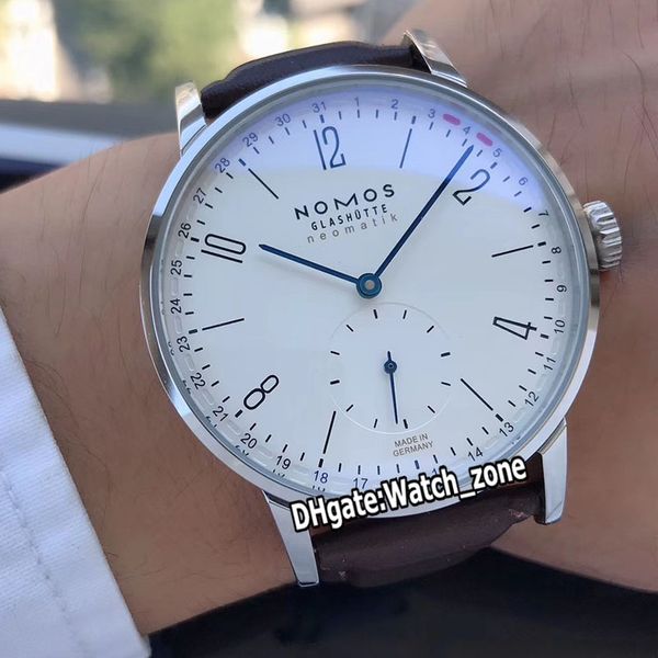 

new nomos glashutte neomatik tangente 180 white dial automatic mens watch 316l steel case stick markers black leather strap watch_zone, Slivery;brown