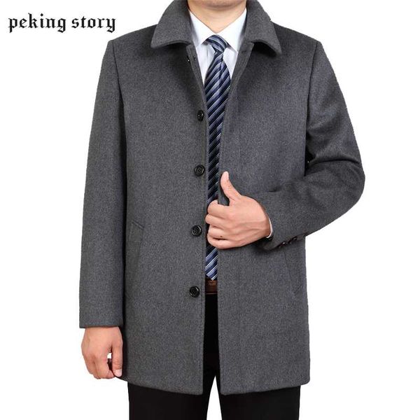 

peking story middle-aged wool overcoat men solid color casual wool turn-down collar coats men's clothing large size 3xl 4xl, Black