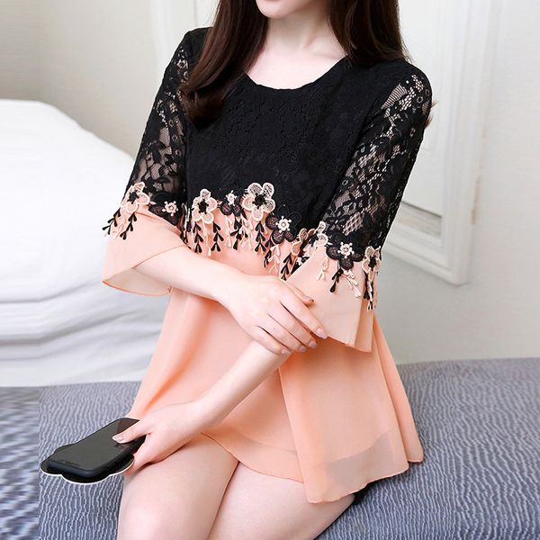 

women chiffon floral lace bell sleeves casual blouse loose round neck shirt, White