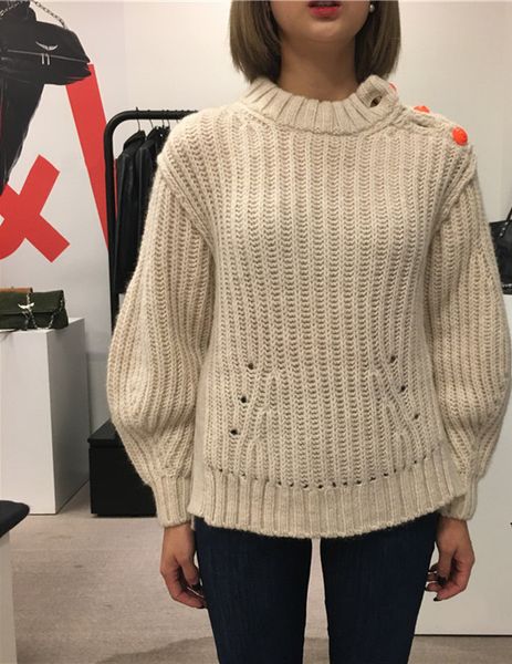 

women's solid color sweater shoulder button split o-neck long sleeve autumn winter pullover top, White;black