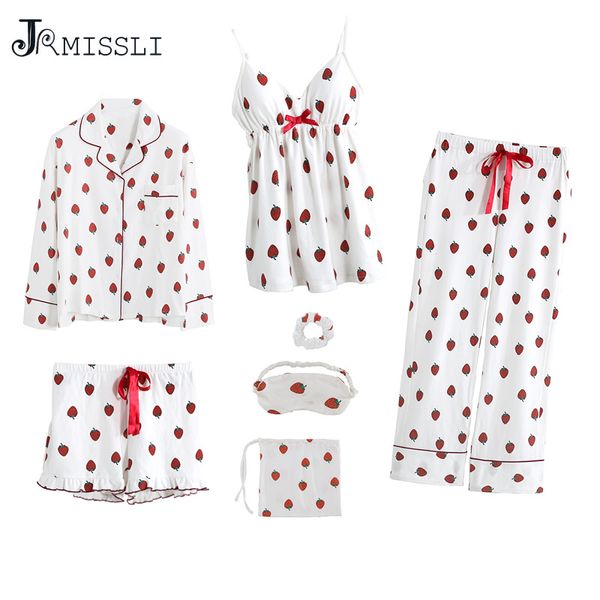 

jrmissli women 7 pieces white pajamas sets cotton lingerie homewear strawberry pyjamas set pijamas female printed nightwear suit, Blue;gray