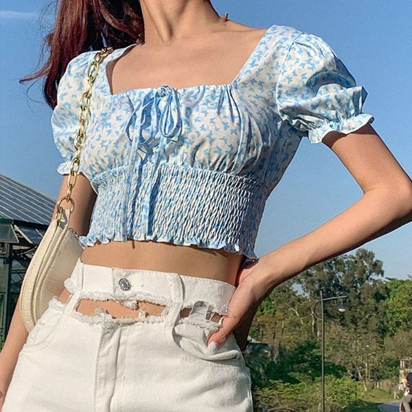 

женщины лета puff рукав футболка сладкой бабочка printed sexy площадь шея подвязать crop top гофрированных оборки harajuku tee, White;black