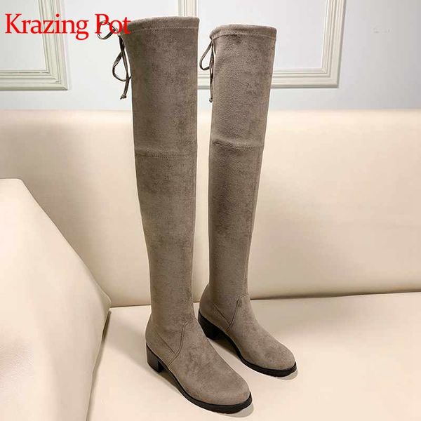 

krazing pot round toe stretch flock thin leg keep warm superstar beauty young lady med heels plus size over-the-knee boots l04, Black