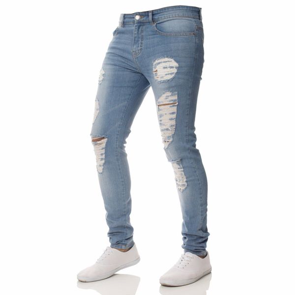 

2019 new fashion sell men jeans stretch destroyed ripped design for male skinny simple personality denim trousers, Blue