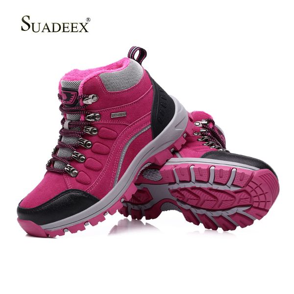 

suadeex women hiking waterproof trekking boots mountain climbing shoes sports rubber sole shoes winter warm men couple outdoor, Black