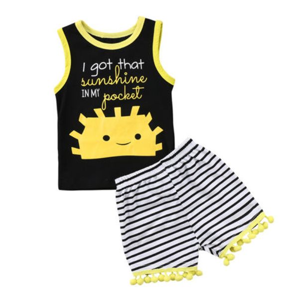 

2018 Baby Kids Boys Girls Summer Outfits Child Vest Tank T Shirt Tops+ Striped Tassel Shorts Outfits Clothing Set