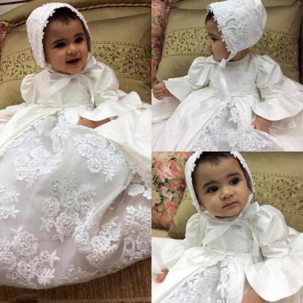 

new pearls christening gowns for baby girls lace appliqued overskirts baptism dresses with bonnet first communication dress, White