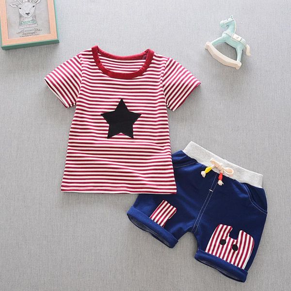 

2020 new summer child clothes baby boy clothing pentagram striped short-sleeved t-shirt +short two-piece street fashion style, White