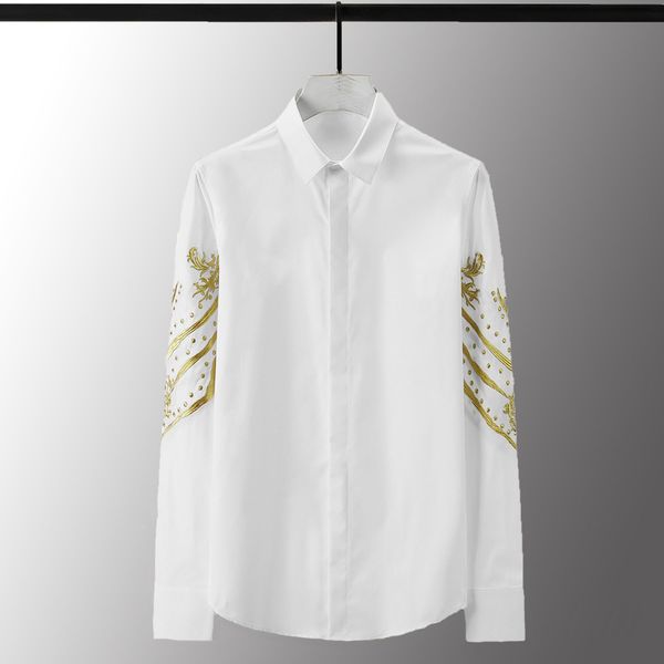 

minglu gold embroidery mens shirts luxury solid solor long sleeve mens dress shirts plus size 4xl fashion slim fit male, White;black