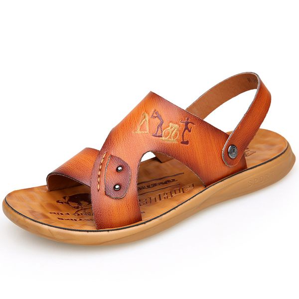 

summer men casual sandals quality leather shoes male comfortable slip-on slippers beach brown man sandal zapatillas hombre, Black