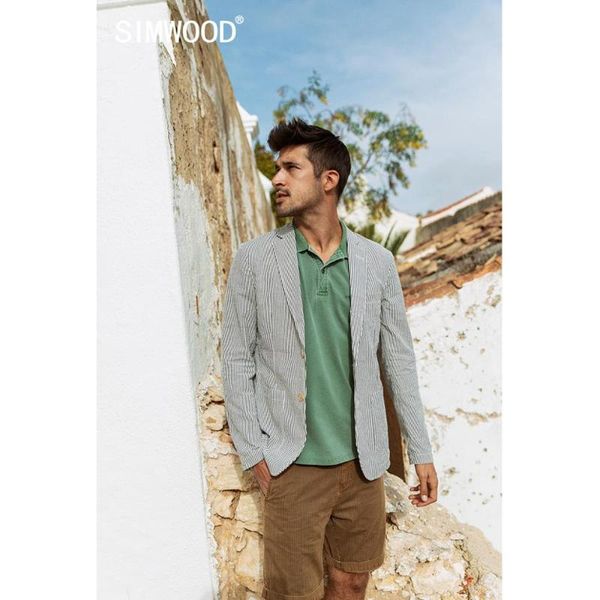 

simwood 2020 spring new casual blazer men vertical striped suits jackets 100% cotton plus size breathable outerwear sj170065, White;black