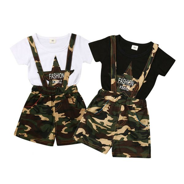 

infant baby boys fashion clothes sets short sleeve t-shirt tops camouflage strap shorts clothes, White