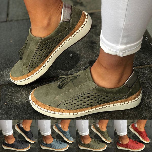 

women casual shoes fashion fringe hollow-out round toe slip on shoes flat with sneakers female soft breathble summer c40#, Black