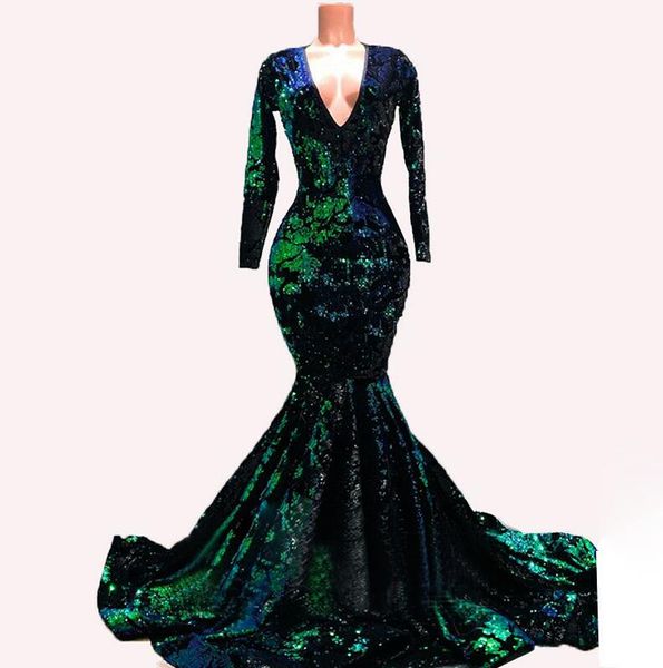 Verde esmeralda Velvet Mermaid Vestidos formais com manga comprida 2020 Winter Party Sequins Sparkly luxo ocasião Prom Vestido