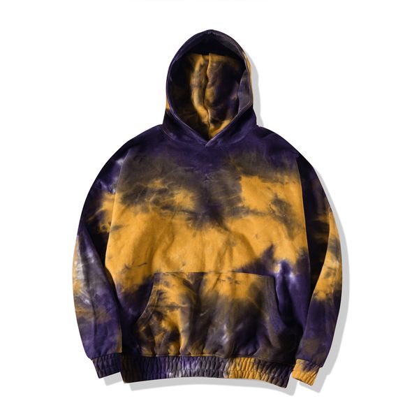 

purple yellow tie-dye raglan fleece hoodies hip hop streetwear relaxed everyday pullover, Black