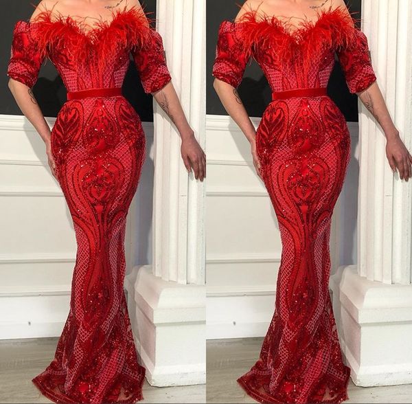 

Elegant Sequined Red Mermaid Evening Dresses Feather Evening Gowns Off Shoulder Plus Size Prom Dress vestidos de fiesta Abendkleider