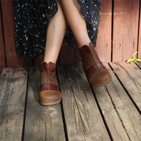 

womens handmade leather flats loafers boots color blocking ankle boots original design coffee/black