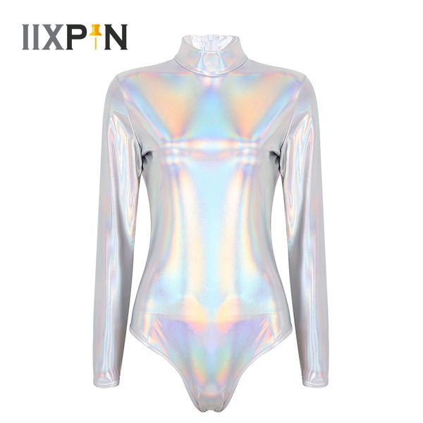 

leotard women bodysuit jumpsuit ballet dance wear shiny metallic turtleneck long sleeves gymnastic leotard bodysuit clubwear, Black;red