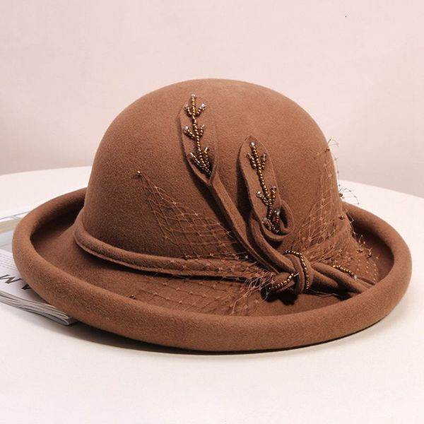 

2019 chic pears flower dec fedora hat for female party lady elegant felt bucket cap women fashion 100% australia wool hats, Blue;gray