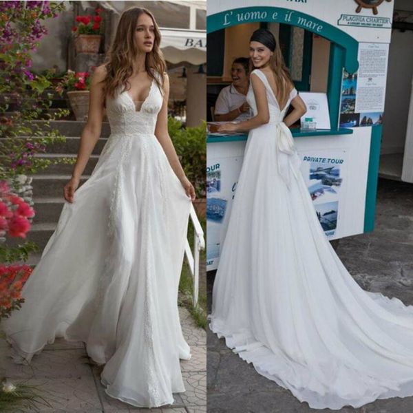 

berta 2019 чешские свадебные платья sexy глубокий v шеи без рукавов спинки кружева свадебные платья развертки поезд boho шифон a-line свадеб, White