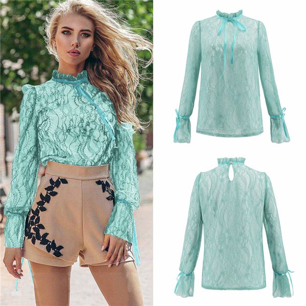 

женские с длинным рукавом вечерние топы сексуальные прозрачные цветочные кружева повседневная свободная блузка топ dhl, White