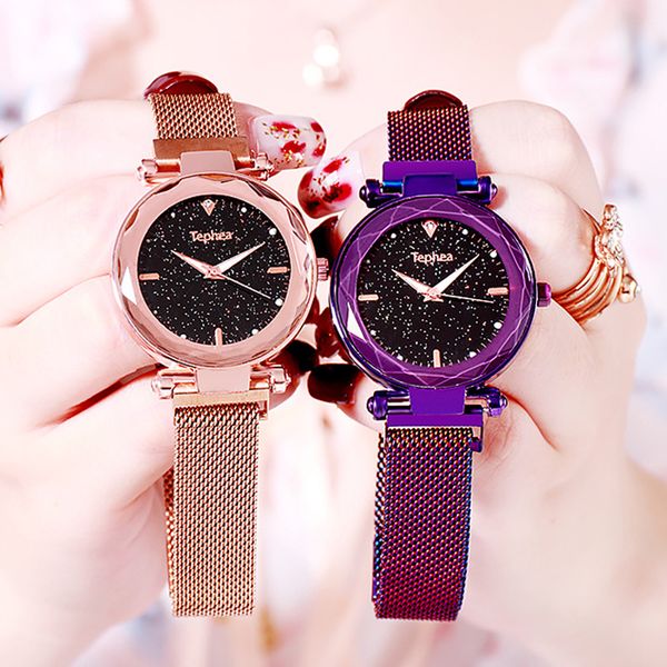 

watch for women starry sky magnet watch minimalist tephea luxury crystal ladies quartz wristwatches waterproof clock, Slivery;brown