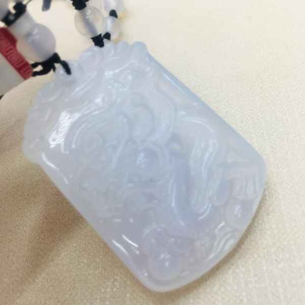 

natural brazilian jade jade carved white dragon pendant with chalcedony bead necklace men's women's sweater chain, Silver