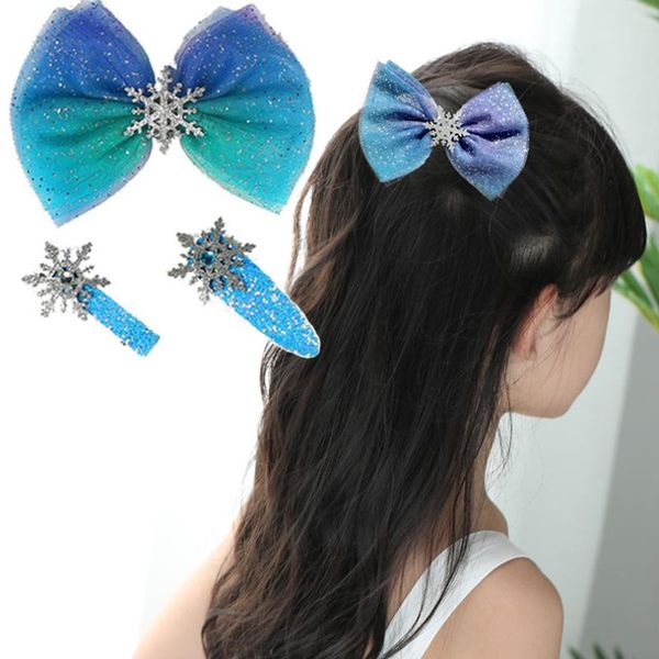 

girls fantasy yarn big bow snowflake hair clips princess headband hairpins sweet barrettes kids fashion hair accessories w0014, Slivery;white