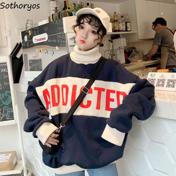 

hoodies women thicker plus velvet turtleneck letter printed harajuku clothing womens oversize korean ulzzang long sleeve, Black
