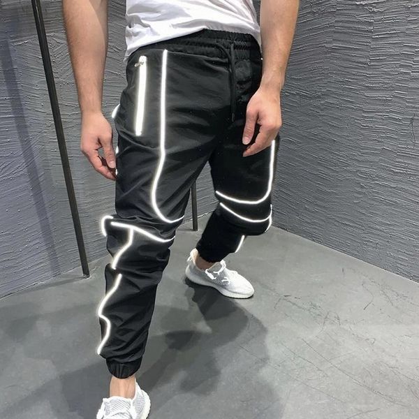 

men sport reflective pants joggers night running pants training gym fitness men joggers training long jogging sportswear, Black