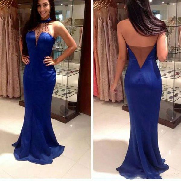 

royal blue halter prom dresses long sheer illusion neck mermaid formal evening party gowns black girls sweet 16 dress