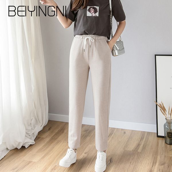 

beiyingni high waist pants woman button elastic black casual trousers kpop pocket harem pants street chic fashion pantalon femme, Black;white