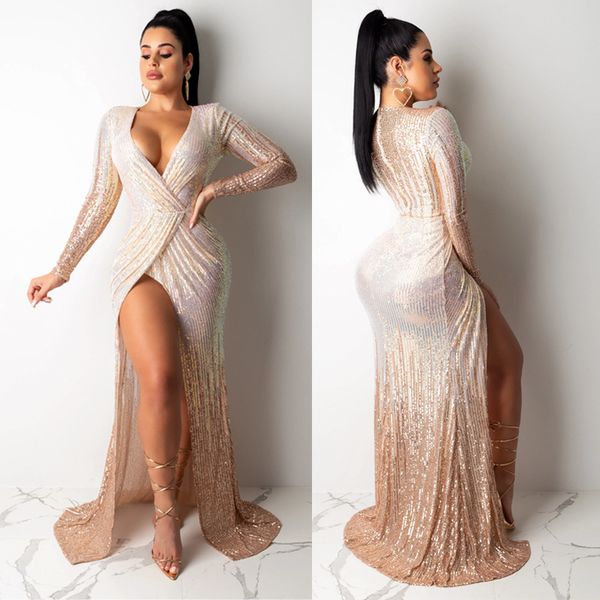 

Luxury Womens Designer Party Dress Sexy Deep V Neck Split Dresses Fashion Long Sleeve Evening Dresses