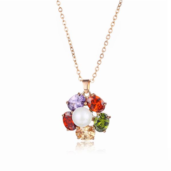 

south korean women's flower type colorful crystal with diamond rose gold titanium steel necklace short wholesale, Silver