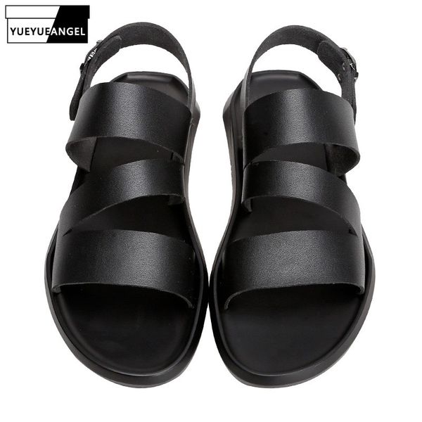 

summer men beach shoes white british breathable casual leather gladiator sandals fashion soft sole cool flat sandals slippers, Black