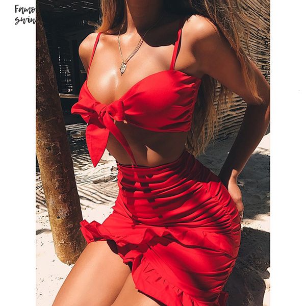 

spaghetti ladies strap ruffles bodycon sleeveless bow tie two piece set solid dress solid women dress mini club party dress, White