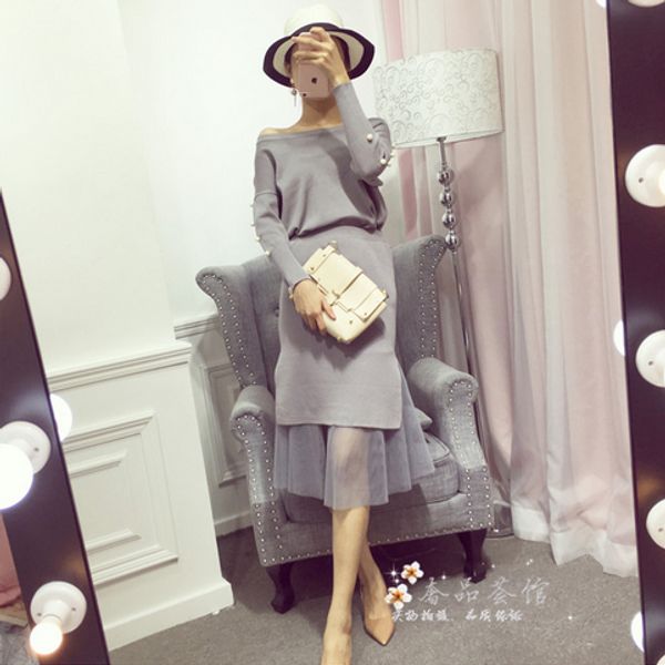 

2017 women fashion autumn clothing sets beading knitted sweater and skirt with mesh suits female casual, Gray