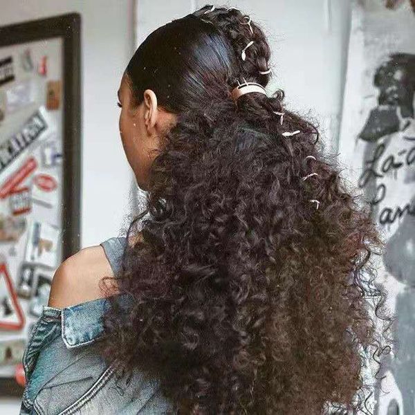 

afro puff drawstring ponytail human hair kinky curly ponytail bun for african high puff hair extensions dark brown color with 2 clips, Black