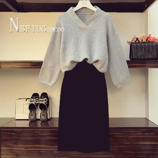 

2020 autumn winter plus size women sets v neck knitting sweater and slim skirt female sets, White