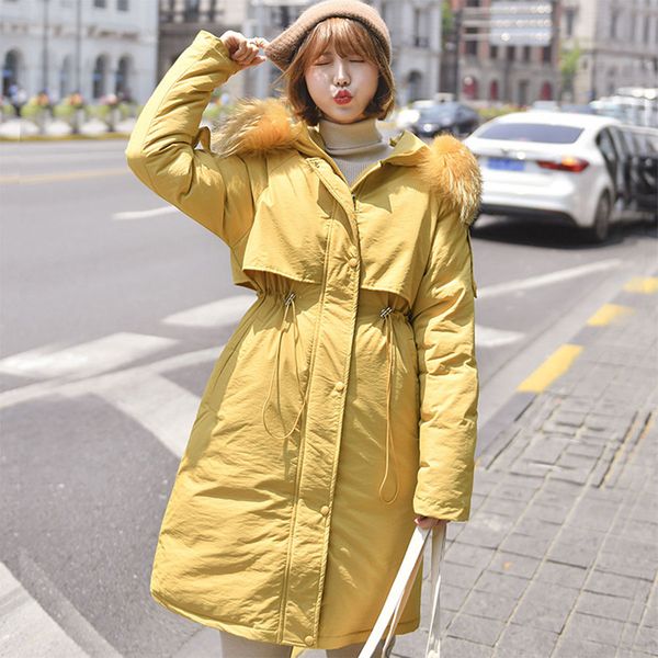 

solid fur hooded long winter cotton coats women casual loose plus size jackets coats korean female thicken warm parka feminina, Black;brown