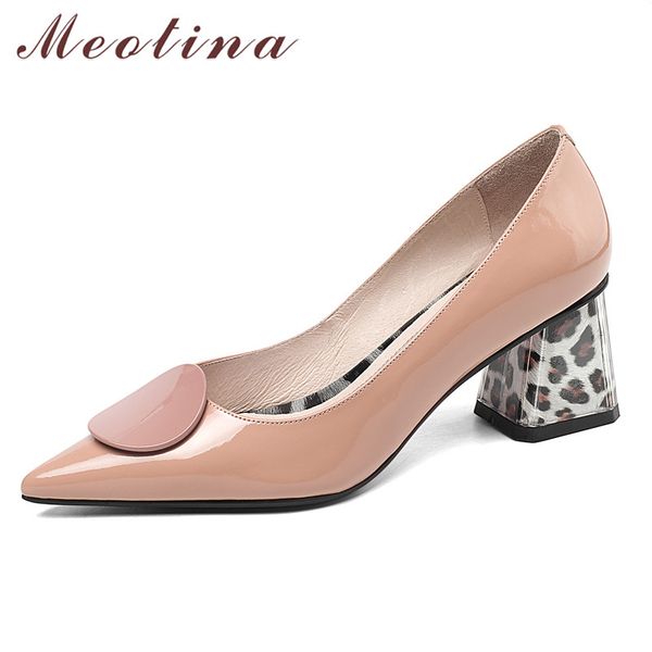 

meotina high heels women pumps natural genuine leather thick high heel shoes real leather leopard pointed toe shoes ladies 34-39, Black
