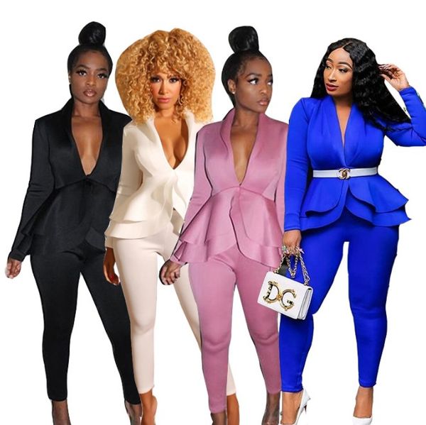 

women suits designer slim solid color two piece pants ruffle tiered + tights pants luxury fashion v neck suits, White