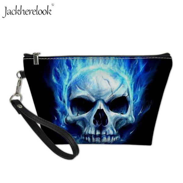 

jackherelook blue flame skull print cosmetic bag women daily necessity bag pu leather toiletry pouch makeup organizer bags fire
