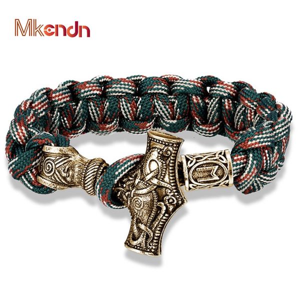 

mkendn viking rune bead men vintage gold thor mjolnir hammer metal handmade woven paracord rope bangles, Golden;silver