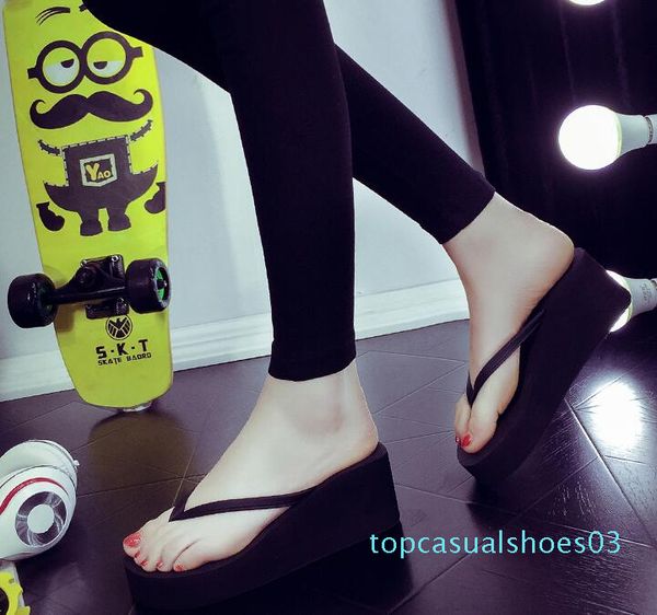 

2017 high heel flip-flops female summer korean fashion thick slope with sandals waterproof taiwan beach non-slip flip-flop flip flops t03, Black