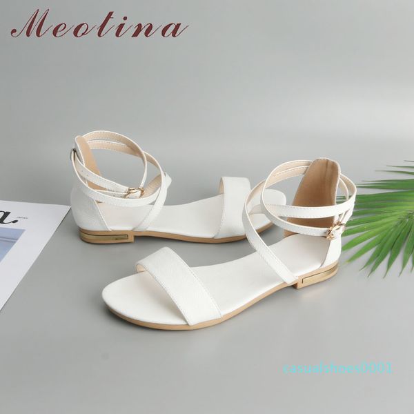 

meotina genuine leather women sandals block heel flat sandals open toe buckle summer shoes female 2018 black white size 33-46 11 c01