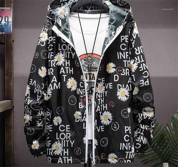 

spring zipper pocket hooded outerwear long sleeve street style slim mens clothes mens floral and letter print jackets, Black;brown