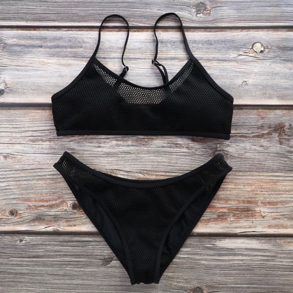 

mesh bikini 2019 black white hollow out swimsuit thong high cut push up swimwear women bathing suit retro bandeau biquini